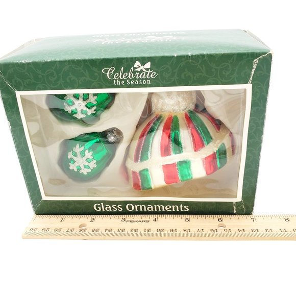 Three Mittens & Hat Glass Ornaments Hand Blown Red Green Tree Mercury NEW Christ - Picture 3 of 4